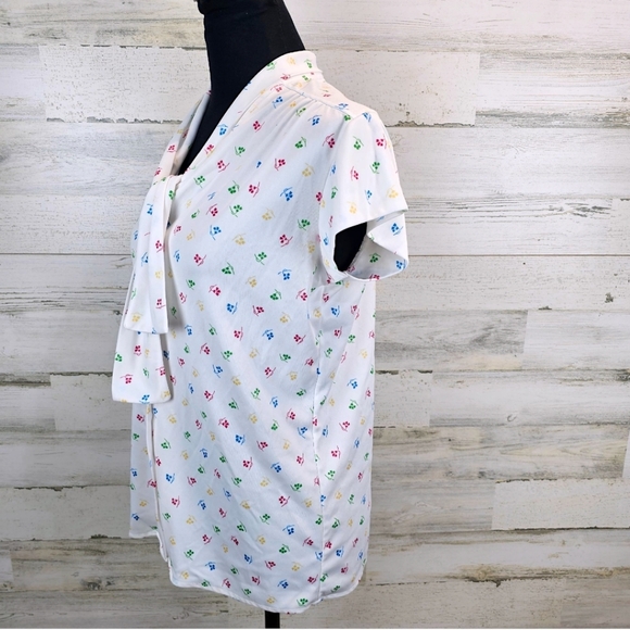 VTG 1970s Floral Bowtie Button Up Blouse Sz Small White Retro Tradwife Whimsical - Picture 4 of 16